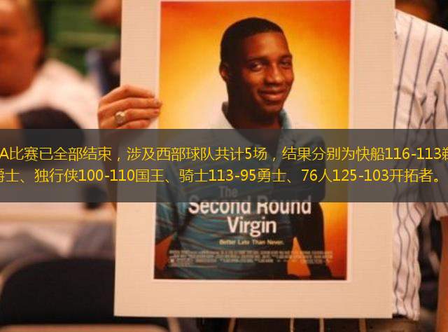 今天的NBA比賽已全部結(jié)束，涉及西部球隊(duì)共計(jì)5場(chǎng)，結(jié)果分別為快船116-113鵜鶘、掘金132-121爵士、獨(dú)行俠100-110國王、騎士113-95勇士、76人125-103開拓者。這樣一來，西部最